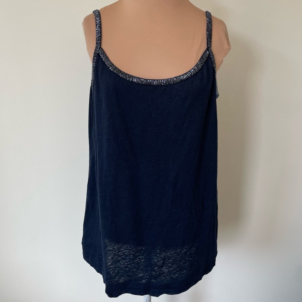 Eileen Fisher 100% Linen Bead Embellished Trim Navy Blue Tank Top Size Large